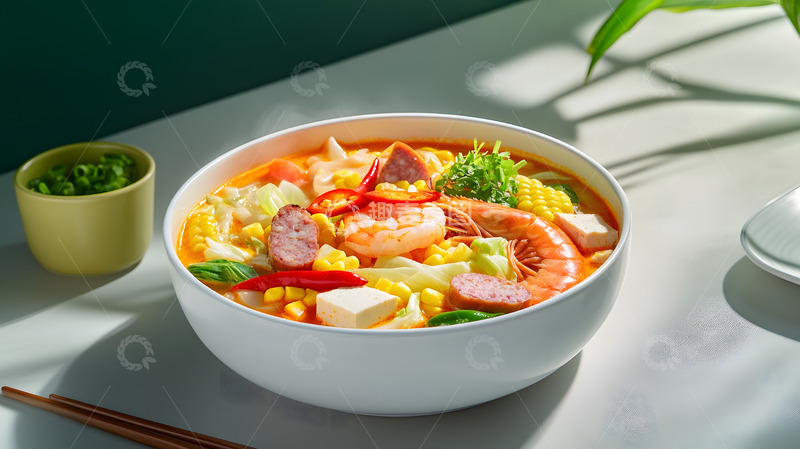 白瓷碗中经典配料的鲜香麻辣烫展示