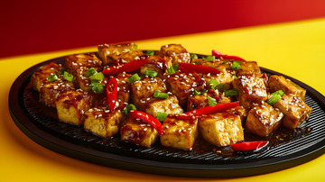 黄色背景中铁板豆腐的火辣健康呈现