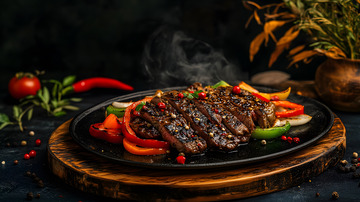 木质背景中铁板牛排与红辣椒青椒点缀的美味画面