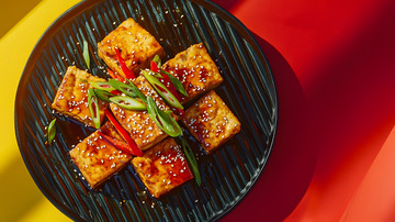 黑色铁板上的麻辣豆腐与辣椒点缀的经典风味