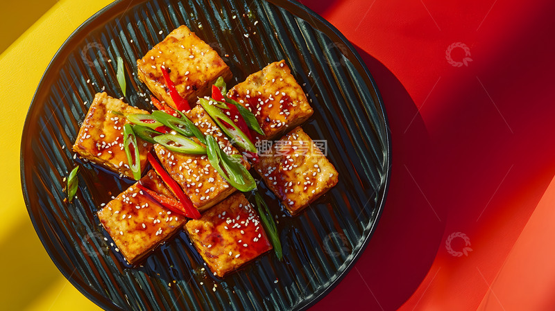 高清大图下载【趣麦麦图】黑色铁板上的麻辣豆腐与辣椒点缀的经典风味