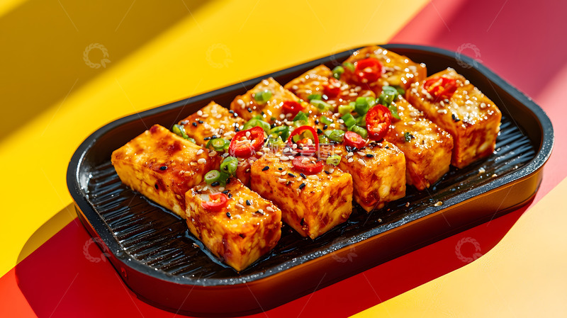 高清大图下载【趣麦麦图】搭配青椒与红辣椒的铁板豆腐鲜辣展示