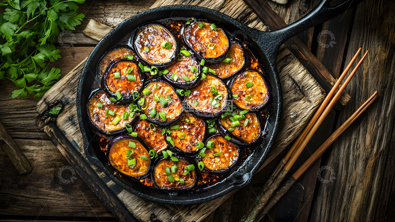 高清大图下载【趣麦麦图】-陶铁板上的香煎茄子与葱花点缀的经典风味