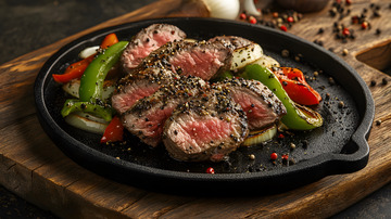 黑色铁板上的牛排与鲜辣配料的浓郁火辣风味