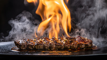 火焰炙烤铁板牛排散发浓郁香气