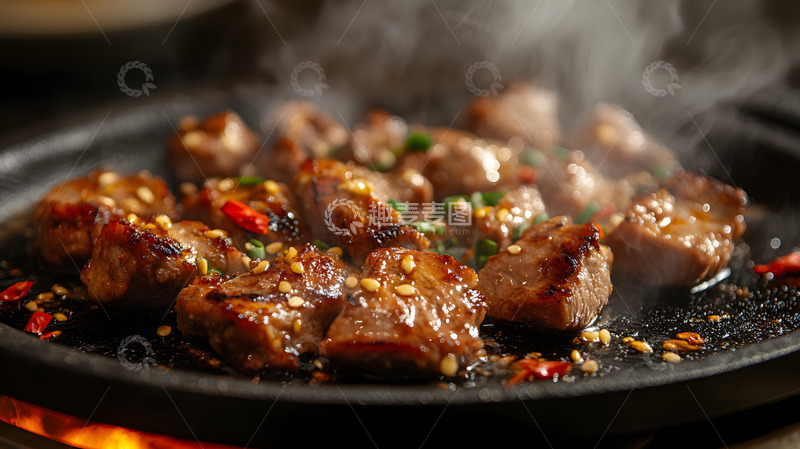 高清大图下载【趣麦麦图】红色背景衬托下热气腾腾的铁板羊肉火辣风味