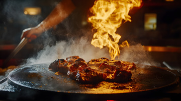 火焰炙烤中的铁板牛排与现场烹饪的精彩瞬间