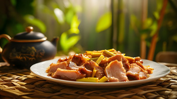乡村风格陶盘盛放的传统腊肉片