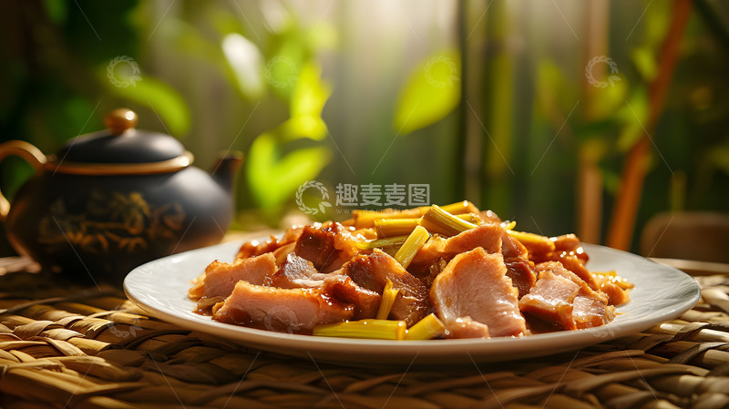 高清大图下载【趣麦麦图】-乡村风格陶盘盛放的传统腊肉片