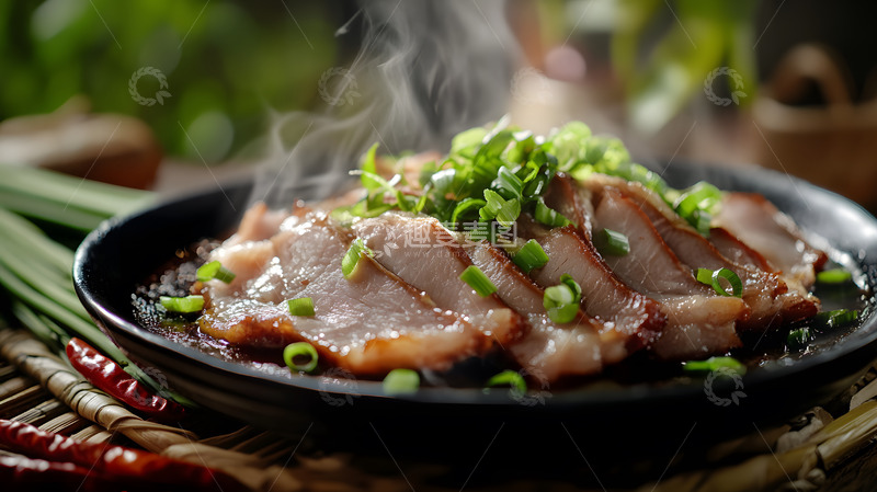 高清大图下载【趣麦麦图】热气腾腾的铁板腊肉搭配青葱增色