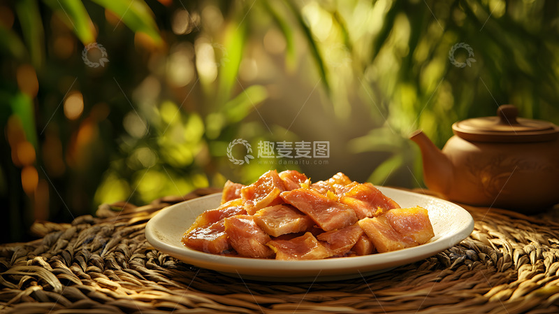 高清大图下载【趣麦麦图】绿植映衬下的陶盘腊肉片