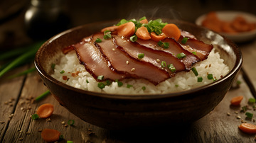 陶制深碗中丰富多汁的腊肉料理