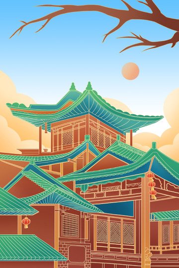 手绘古风建筑阁楼