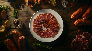 陶盘盛放的切片腊肉搭配辣椒点缀