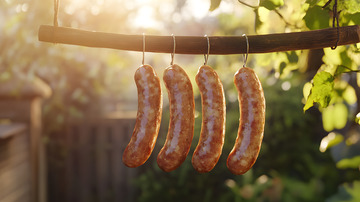 阳光下悬挂风干的传统中式腊肉