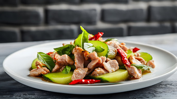 简约摆盘突显腊肉与蔬菜的原始风味