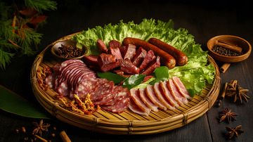 翠绿生菜衬托的腊肉片色香味俱全