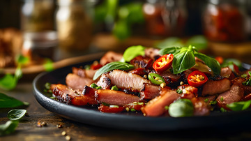 陶盘盛放的精致腊肉片传统魅力