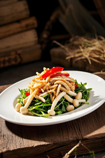 鸡丝豆苗小炒海鲜菇摄影