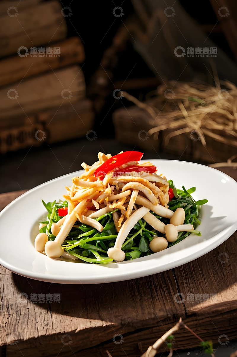 鸡丝豆苗小炒海鲜菇摄影