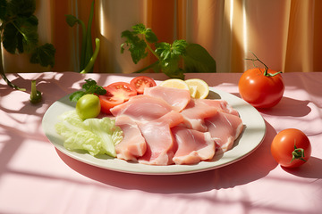 一盘生鸡肉片和蔬菜