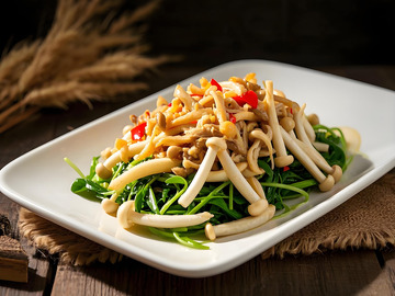 鸡丝豆苗小炒海鲜菇摄影1