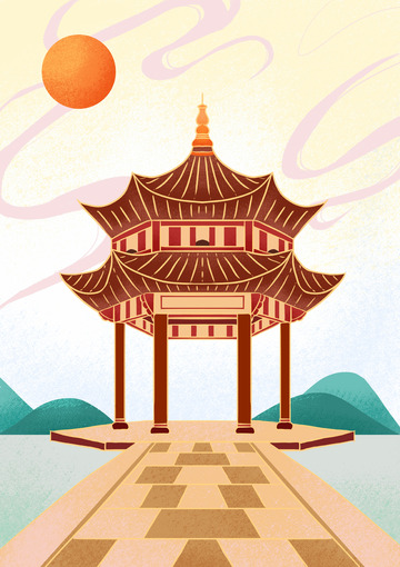 古建筑亭子手绘国潮插画