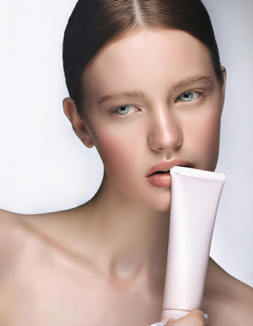 女性手持护肤品的照片，女性面容姣好，皮肤细腻，眼神明亮，她手中拿着一个白色的护肤品软管，背景为浅色，整体画面给人一种清新、时尚的感觉
