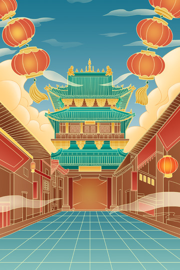 手绘古风建筑楼房插画