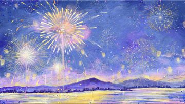 油画肌理新年元宵烟花插画背景