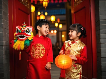 儿童过年场景春节摄影图