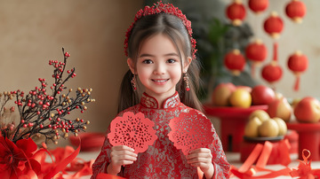 春节儿童手拿窗花摄影图1