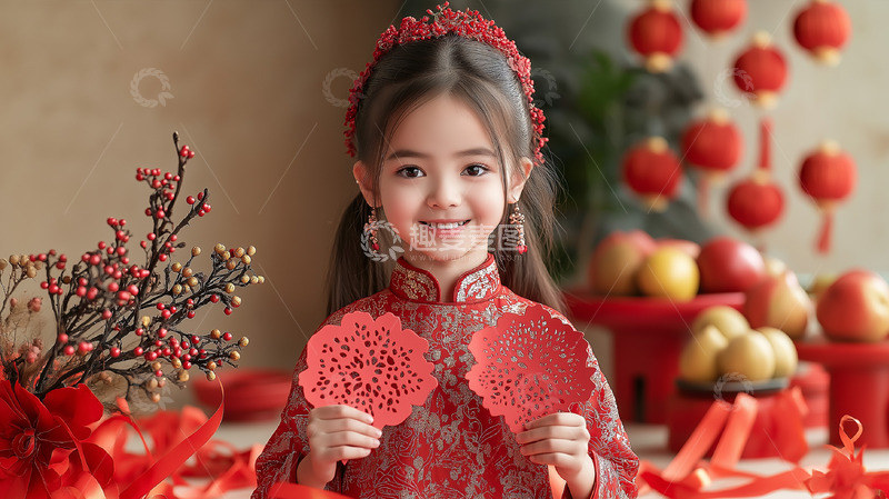 高清大图下载【趣麦麦图】春节儿童手拿窗花摄影图1