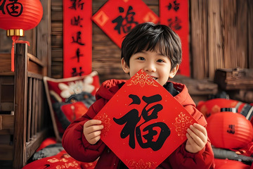 春节人物儿童手拿福字摄影图1