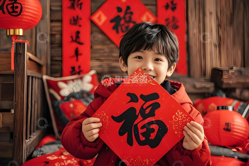 高清大图下载【趣麦麦图】春节人物儿童手拿福字摄影图1
