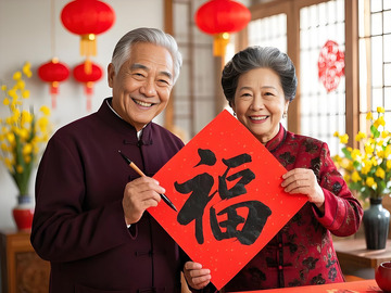 春节老人写福字场景摄影