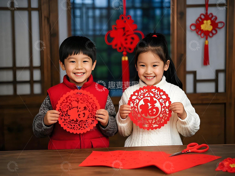 高清大图下载【趣麦麦图】春节儿童手拿窗花摄影图