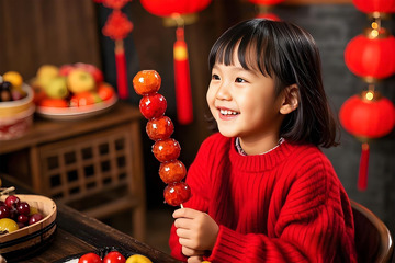 春节人物儿童手拿糖葫芦摄影图