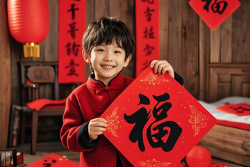 春节人物儿童手拿福字摄影图