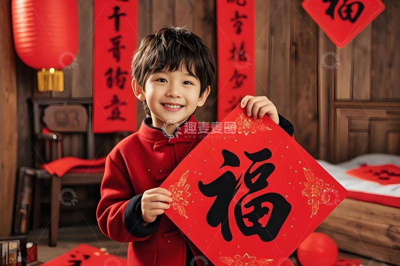 春节人物儿童手拿福字摄影图