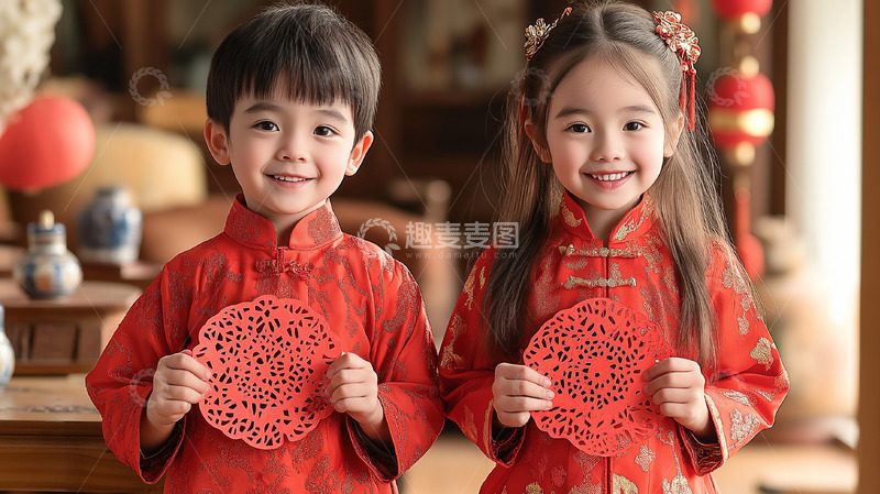 春节儿童手拿窗花摄影图2