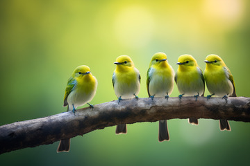 站在树枝上的一排小鸟