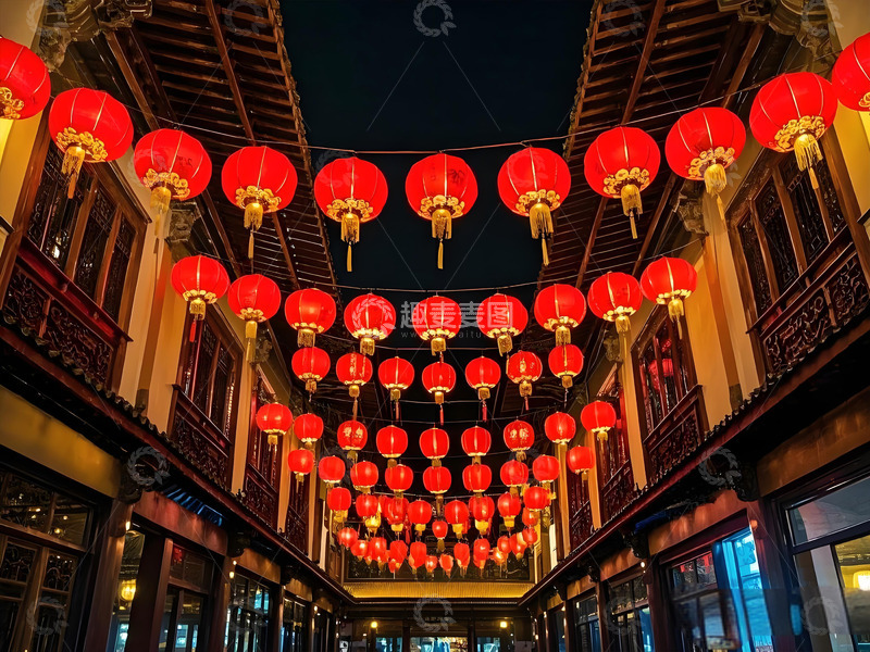 春节街景灯笼装饰摄影图