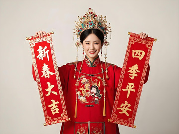 春节人物手拿对联摄影图