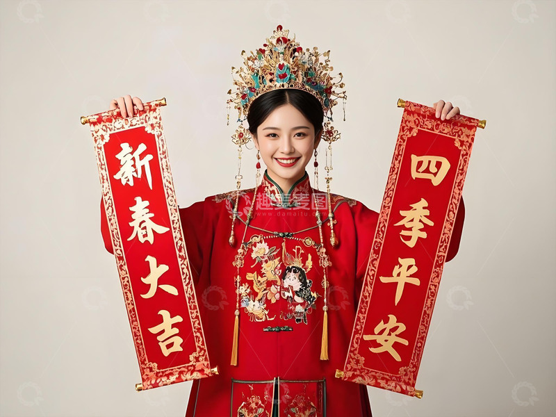 春节人物手拿对联摄影图