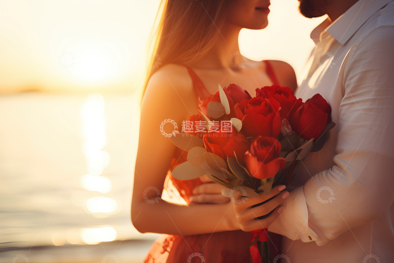 高清大图下载【趣麦麦图】拿着红色玫瑰花拥抱的情侣