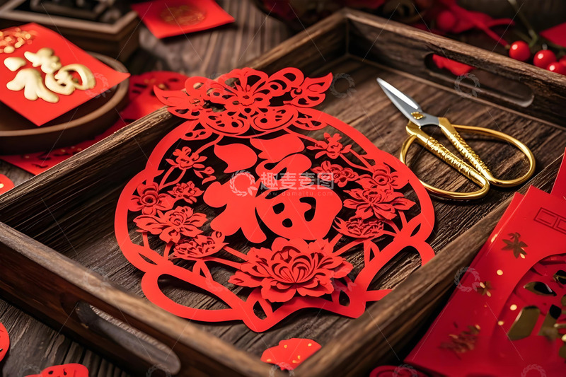 春节窗花剪纸静物摄影图