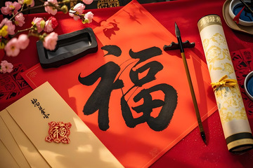 春节场景福字摄影图