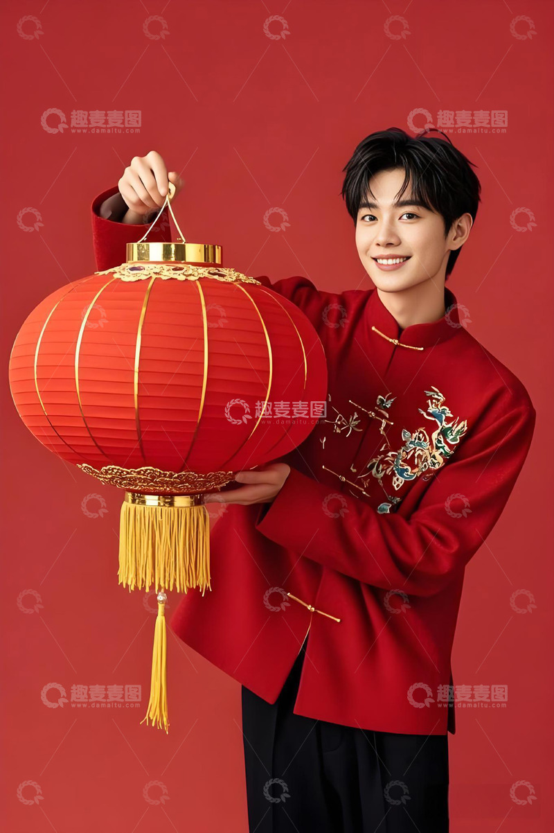 春节人物手拿灯笼的年青人摄影图