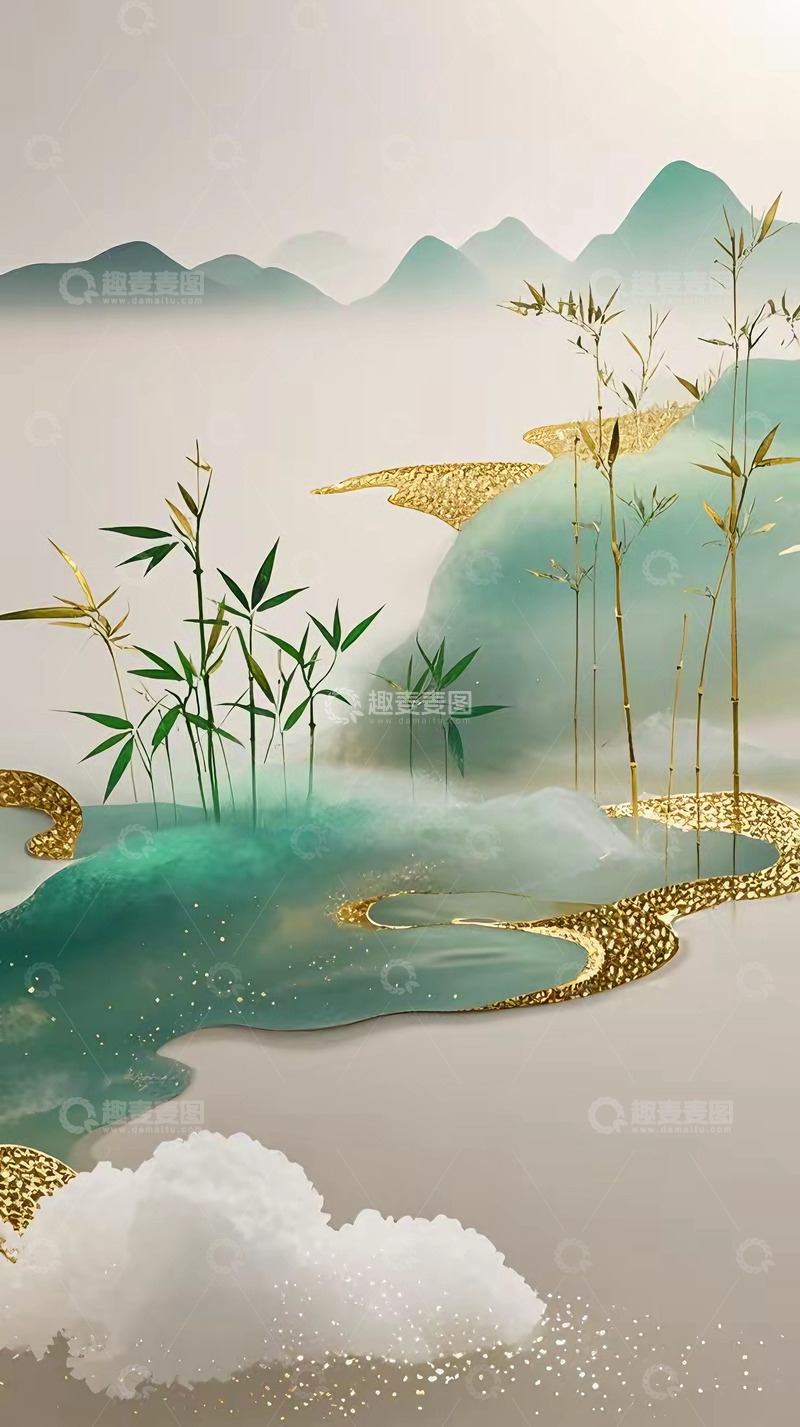 中国风文化禅意水墨鎏金竹子山水背景